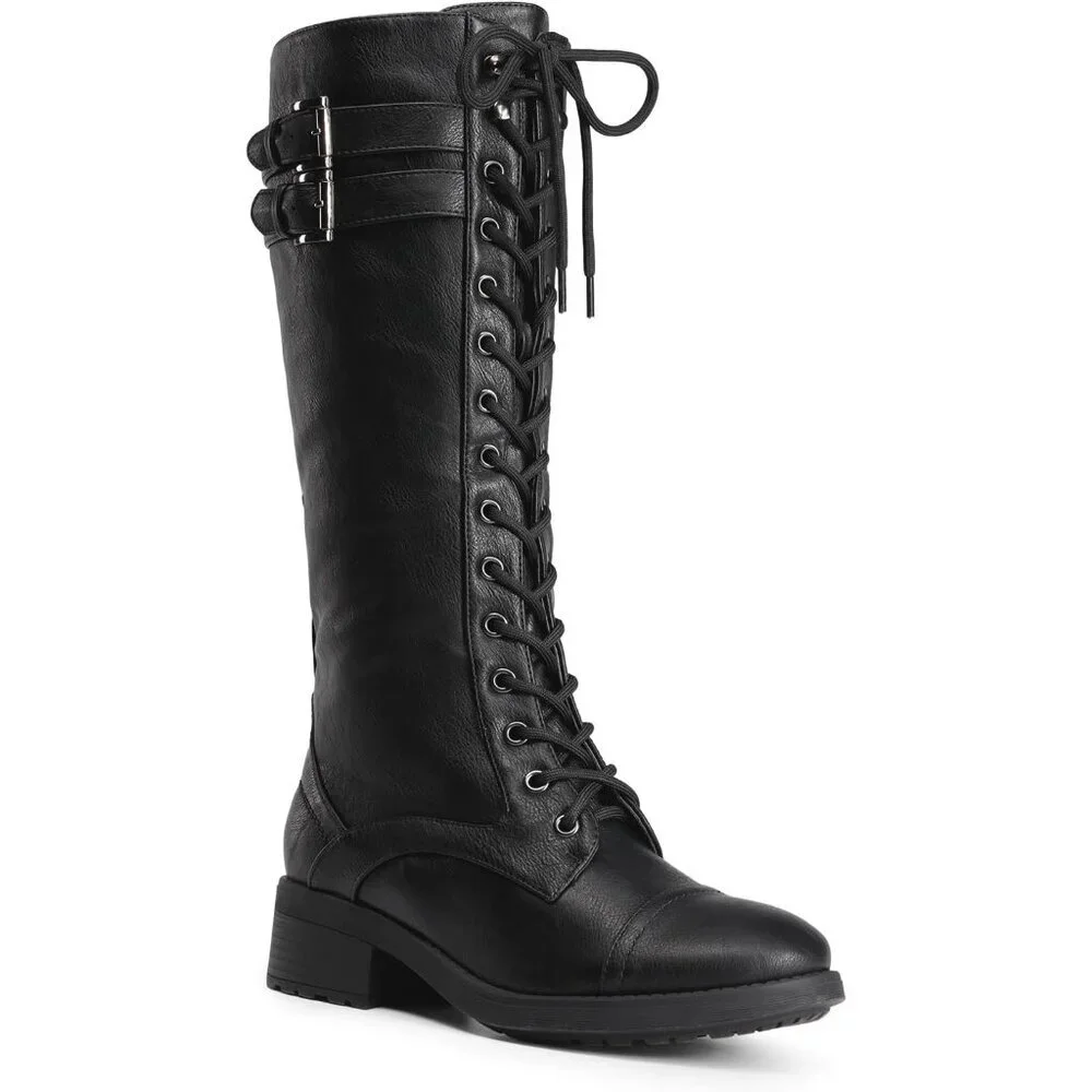 Women's Polyurethane Pu Georgia-Black Double buckle Knee High Riding Combat Boot
